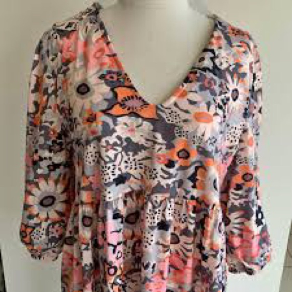 V-Neck Floral Dress - Orange, Black, Cream floral pattern, Large